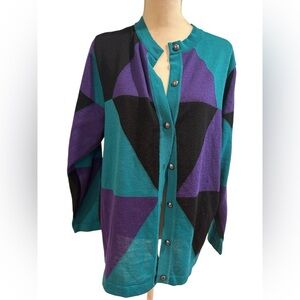 Vintage 80s FREYA Geometric Patterned Teal, Purple, and Black cardigan Sweater